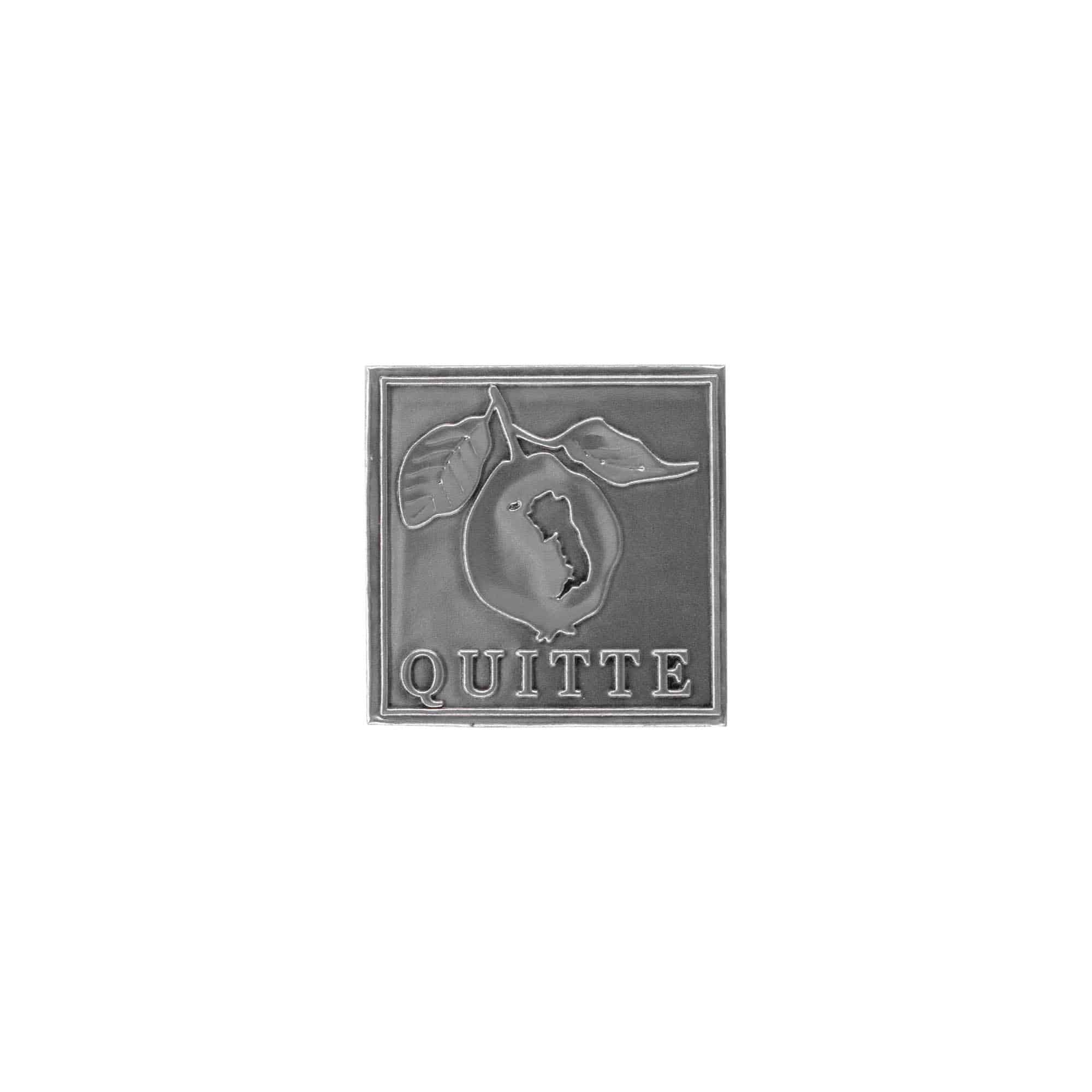 Švino etiketė „Quitte“, kvadratinė, metalinė, sidabrinė