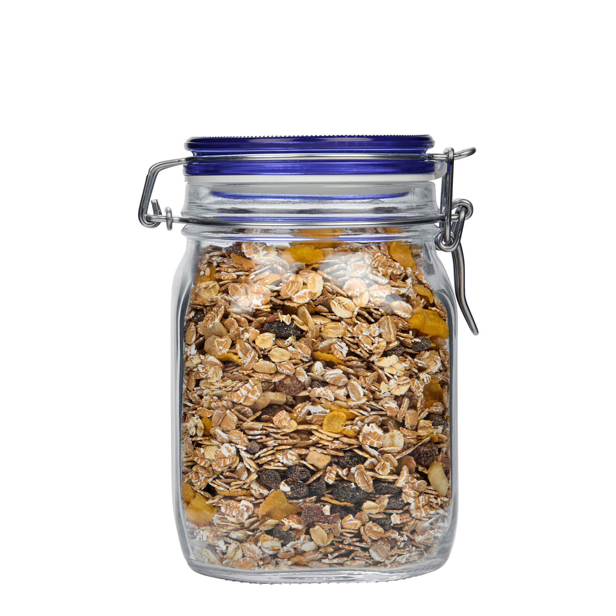 1.000 ml vielos užsegimo stiklainis „Fido“ su mėlynu dangteliu, keturkampis, atidarymas: vielos užsegimas