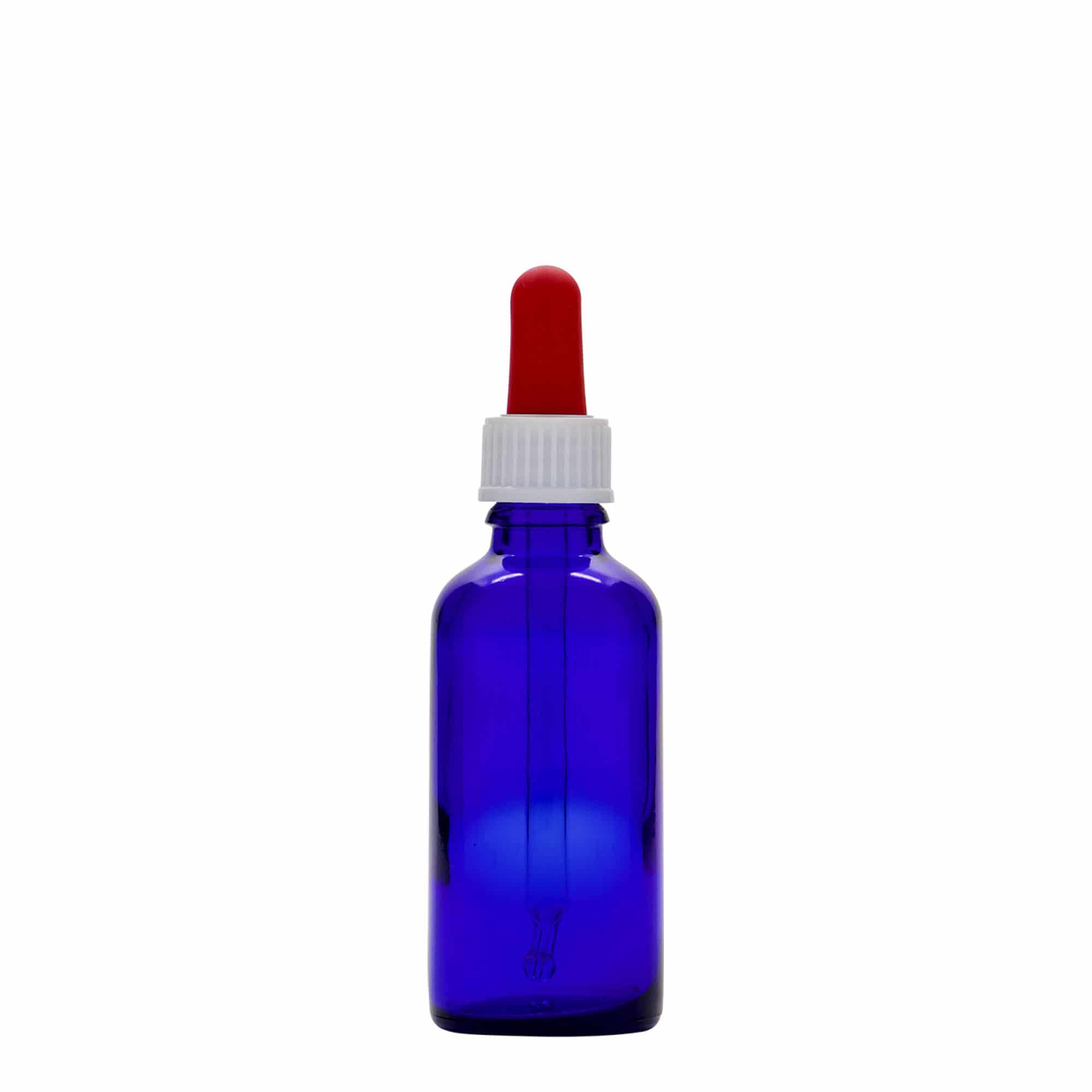 50 ml lašintuvo buteliukas, medicininis, stiklinis, karališkos mėlynos-raudonos spalvos, anga: DIN 18