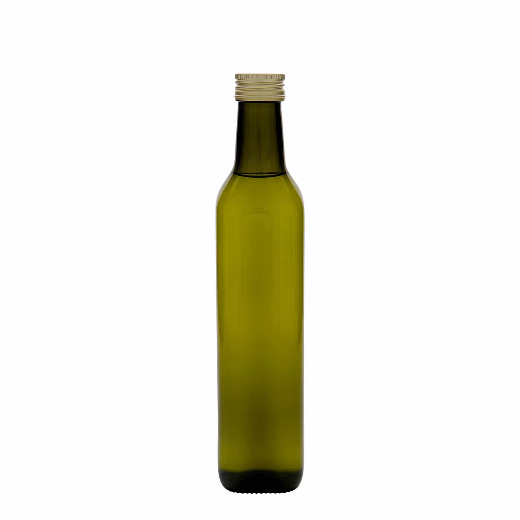 500 ml stiklinis butelis „Marasca“, kvadratinis, antikinės žalios spalvos, burna: PP 31,5