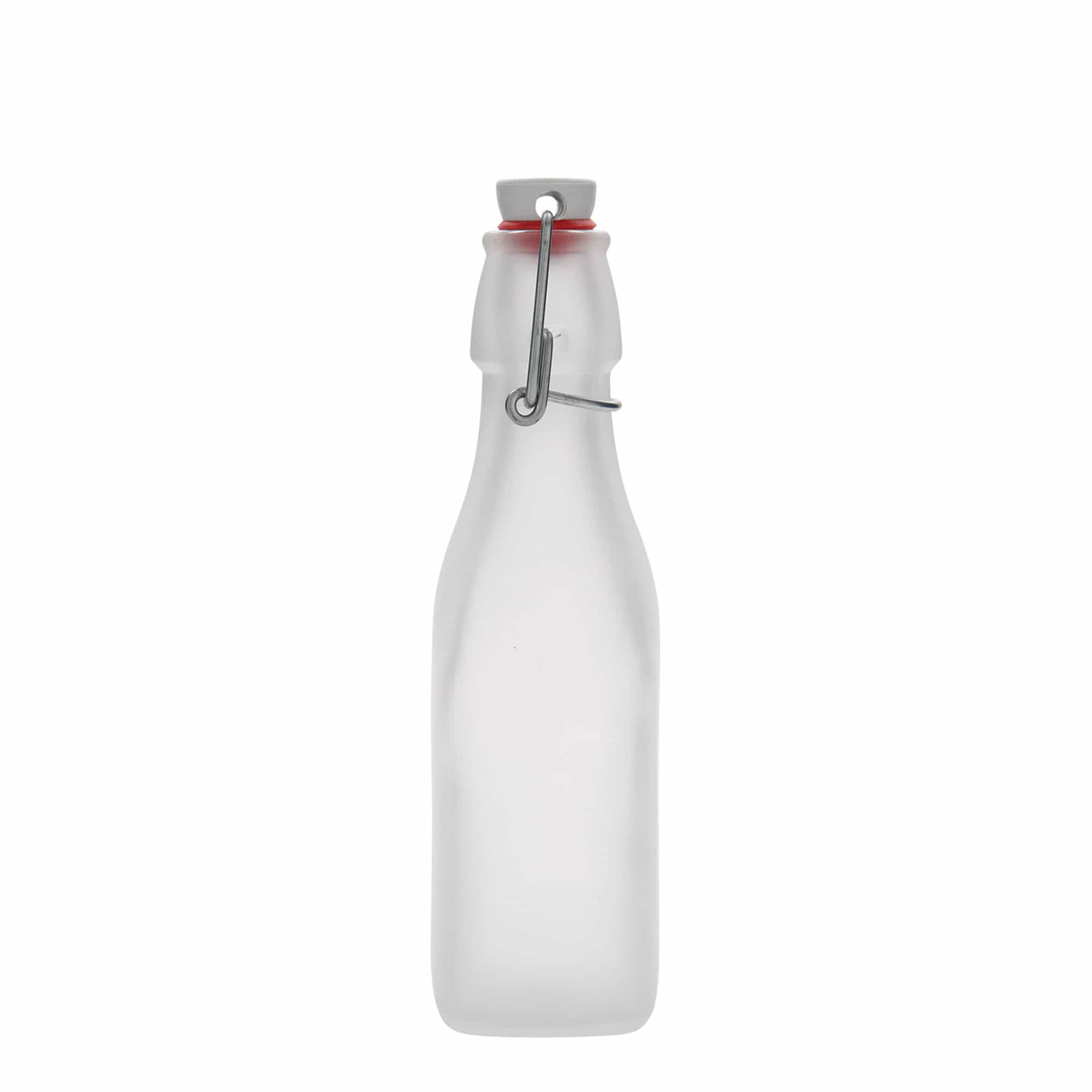 250 ml stiklinis butelis „Swing“, kvadratinis, baltas, kamštis: spaustukas