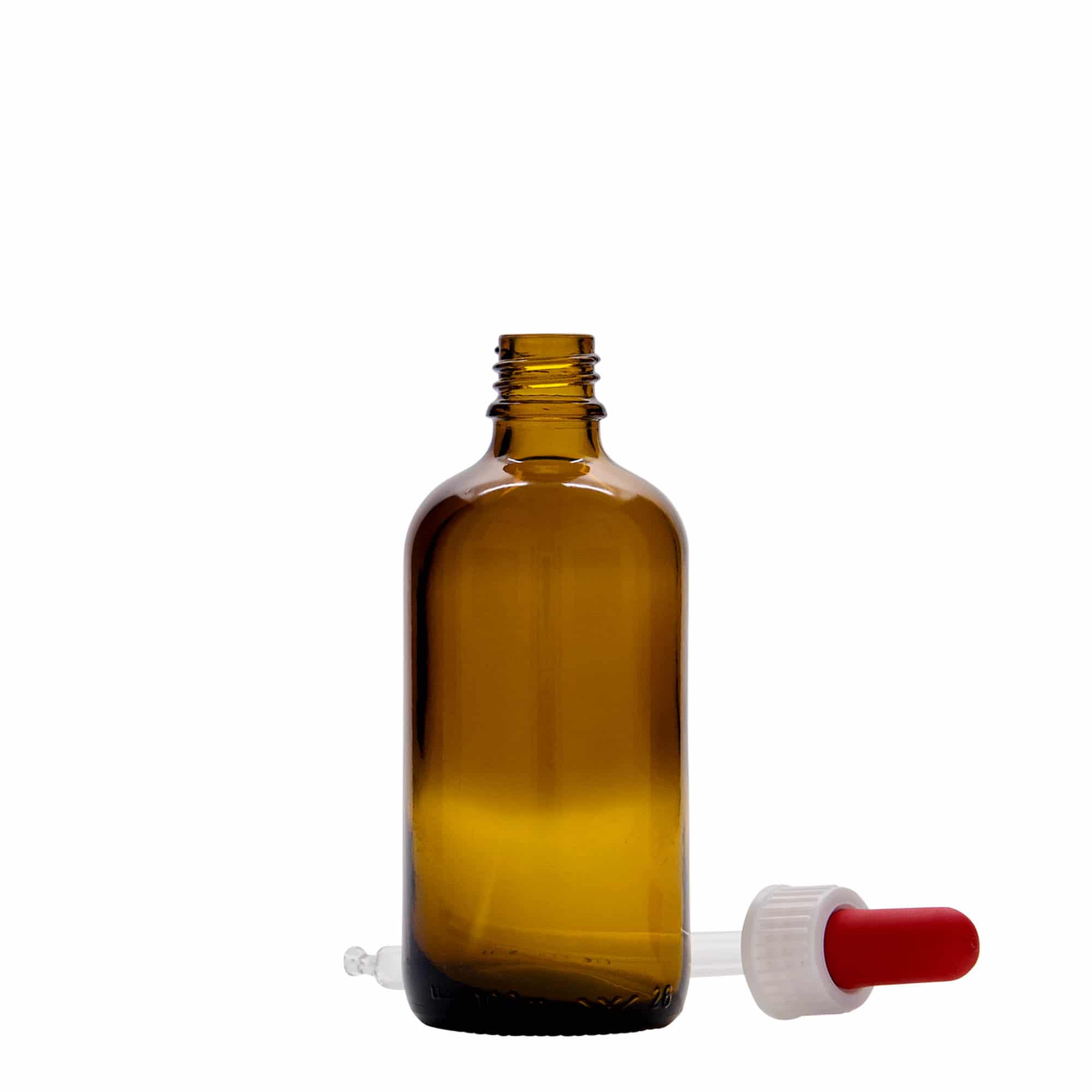 100 ml lašintuvo buteliukas, medicininis, stiklinis, rudo-raudonas, anga: DIN 18
