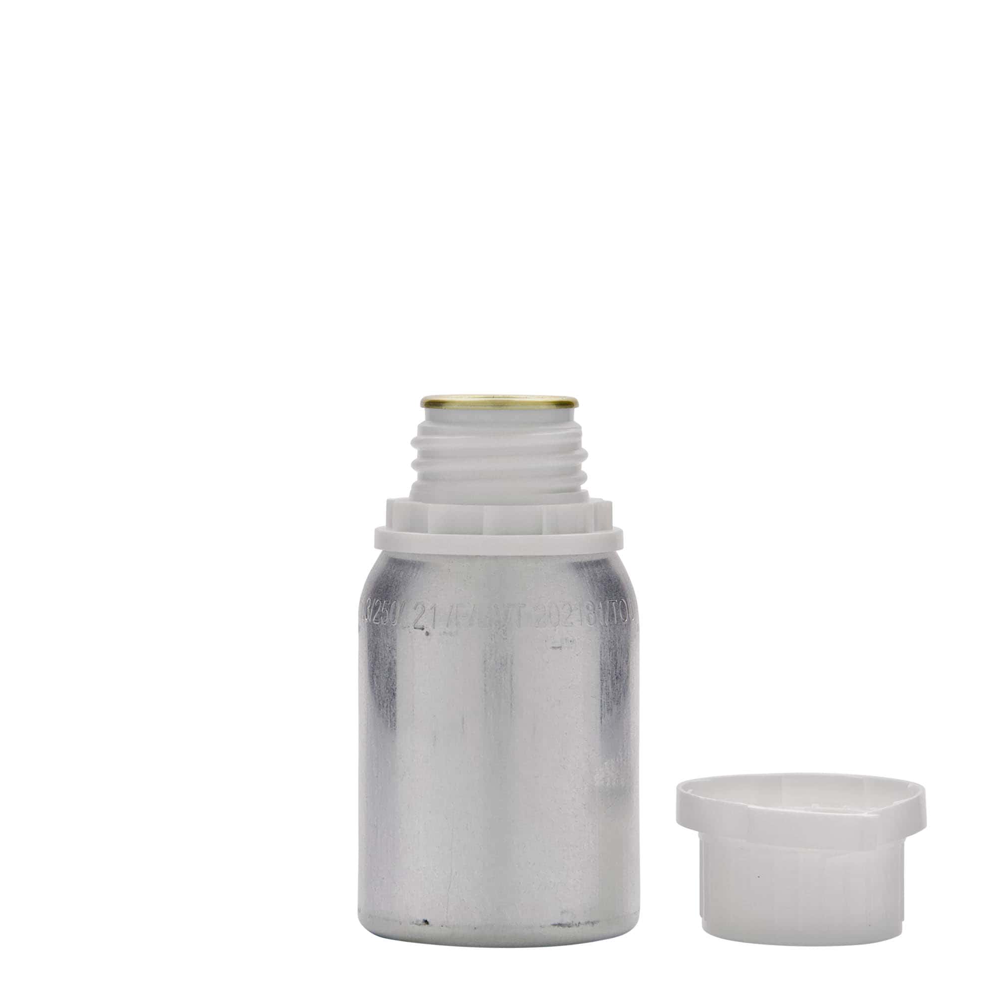 125 ml aliuminio butelis, metalas, sidabrinis, anga: DIN 32