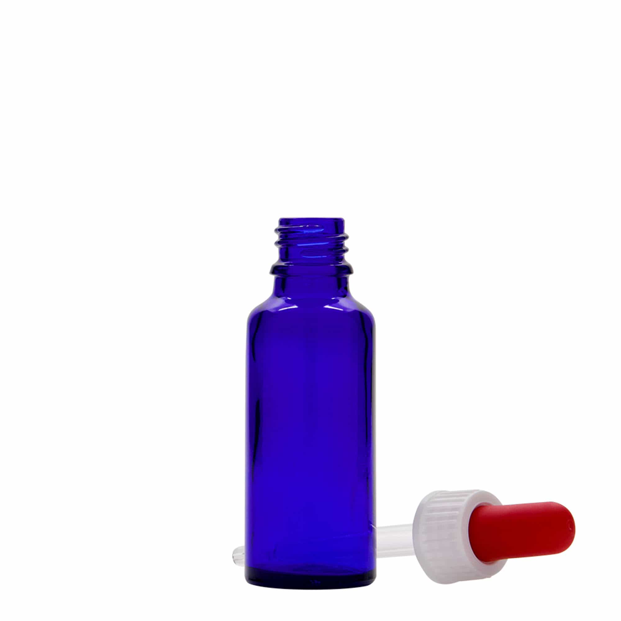 30 ml pipetės buteliukas, medis, stiklas, karališkai mėlyna-raudona, anga: DIN 18